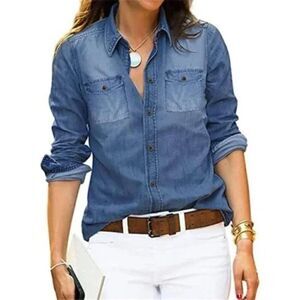 Women's Button Down Denim Shirt Collared Casual Long Sleeve Pocket Top - Blue